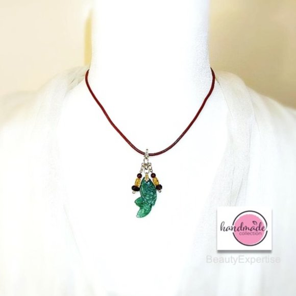 Collar Genuine Green Jade FISH Garnet Leather Cord - Picture 2 of 10